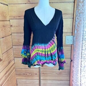 Vintage Tie Dye Blouse Womens Extra Large Black Neon Rainbow Gypsy Rose Vintage